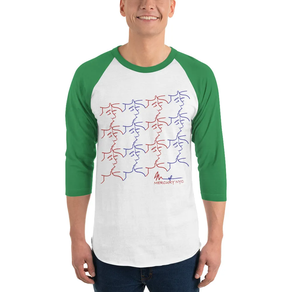 3/4 sleeve raglan shirt - kissing tile design - red and blue colors - unisex