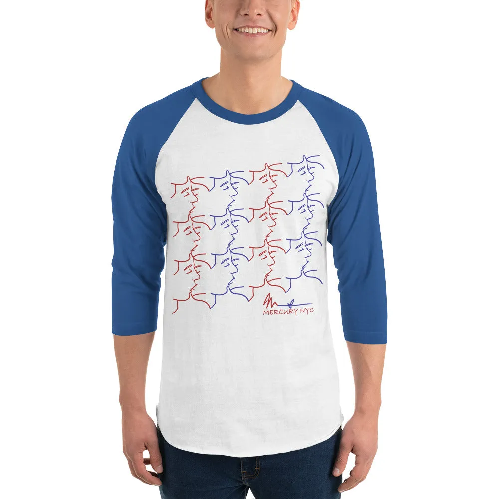 3/4 sleeve raglan shirt - kissing tile design - red and blue colors - unisex