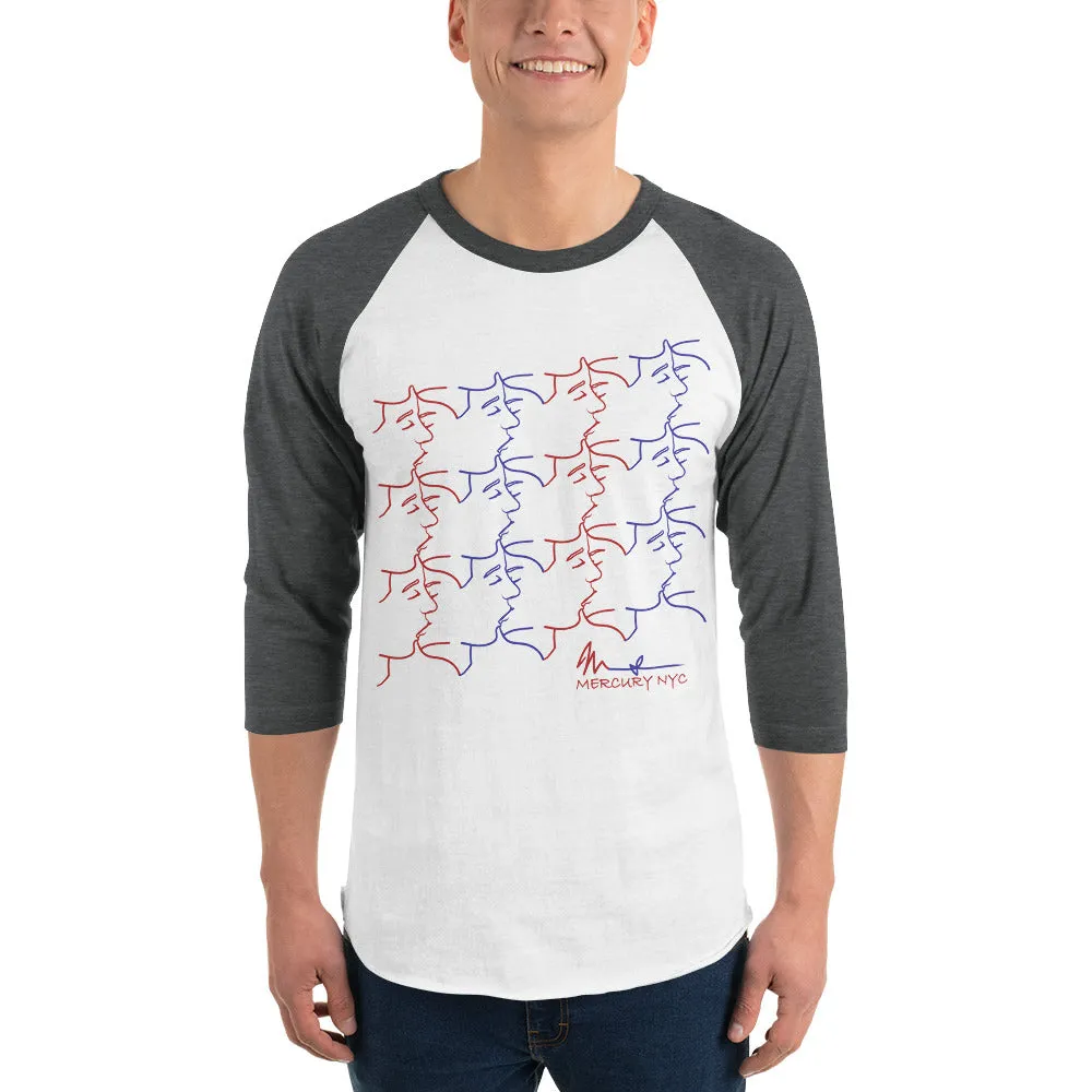 3/4 sleeve raglan shirt - kissing tile design - red and blue colors - unisex