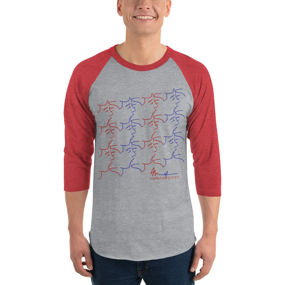 3/4 sleeve raglan shirt - kissing tile design - red and blue colors - unisex