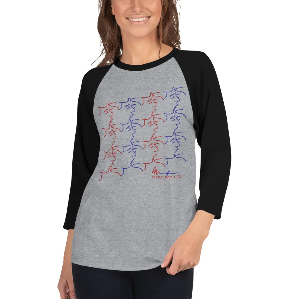 3/4 sleeve raglan shirt - kissing tile design - red and blue colors - unisex