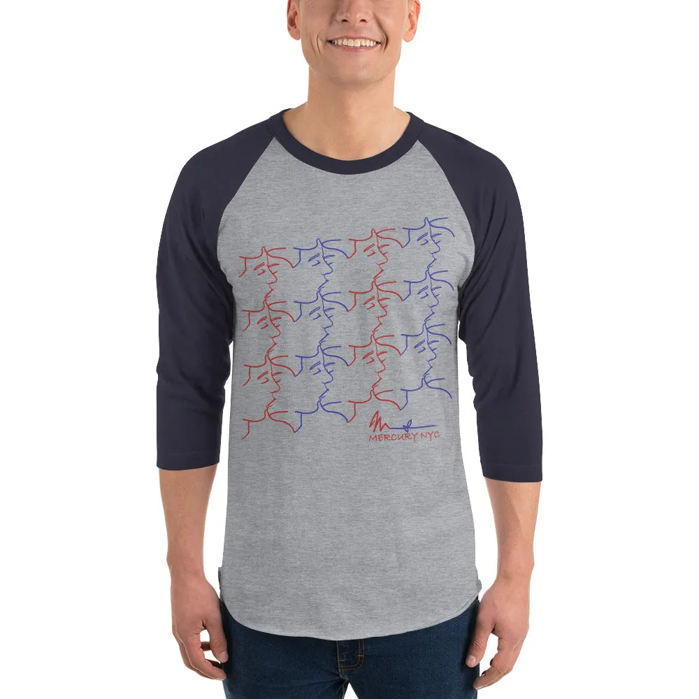 3/4 sleeve raglan shirt - kissing tile design - red and blue colors - unisex
