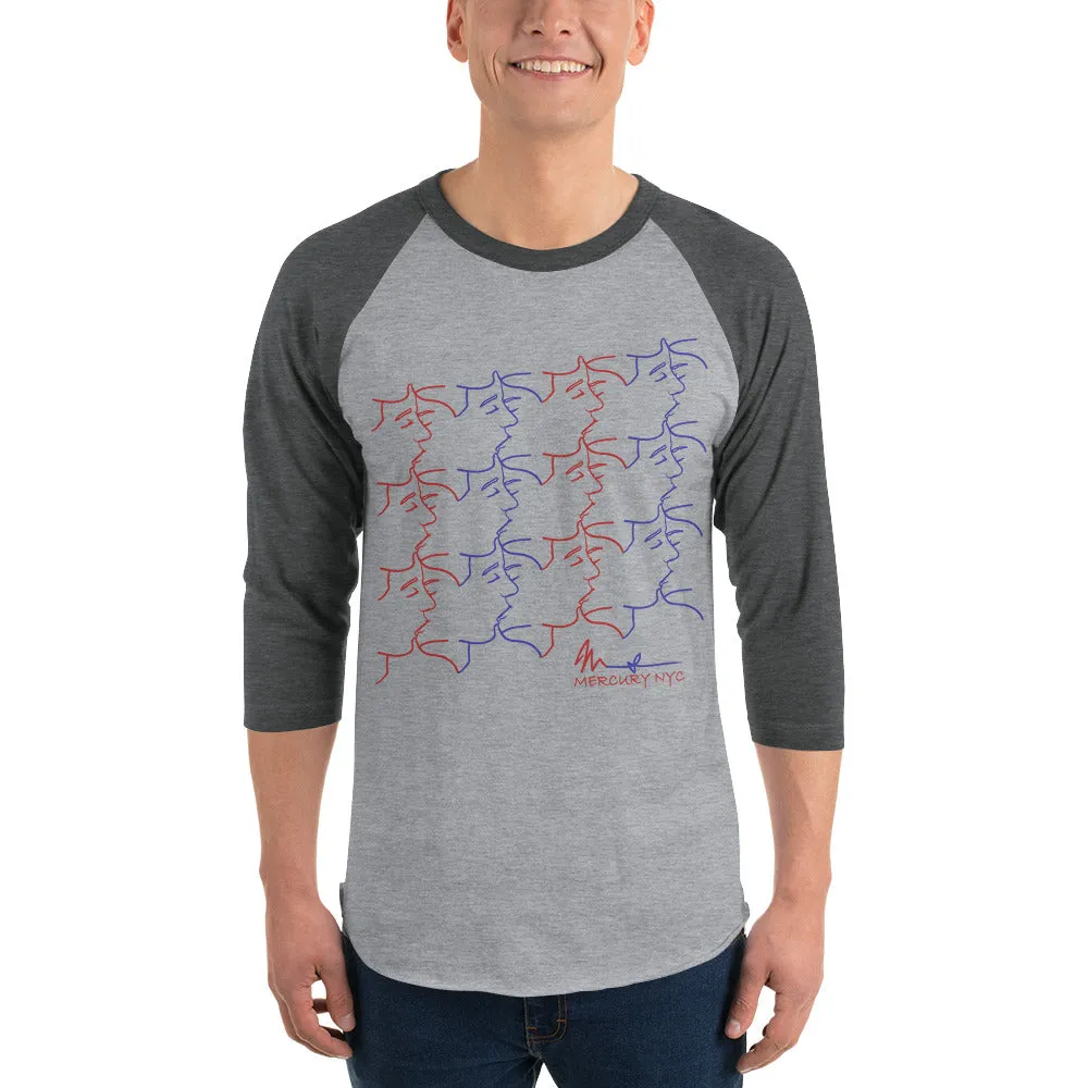 3/4 sleeve raglan shirt - kissing tile design - red and blue colors - unisex