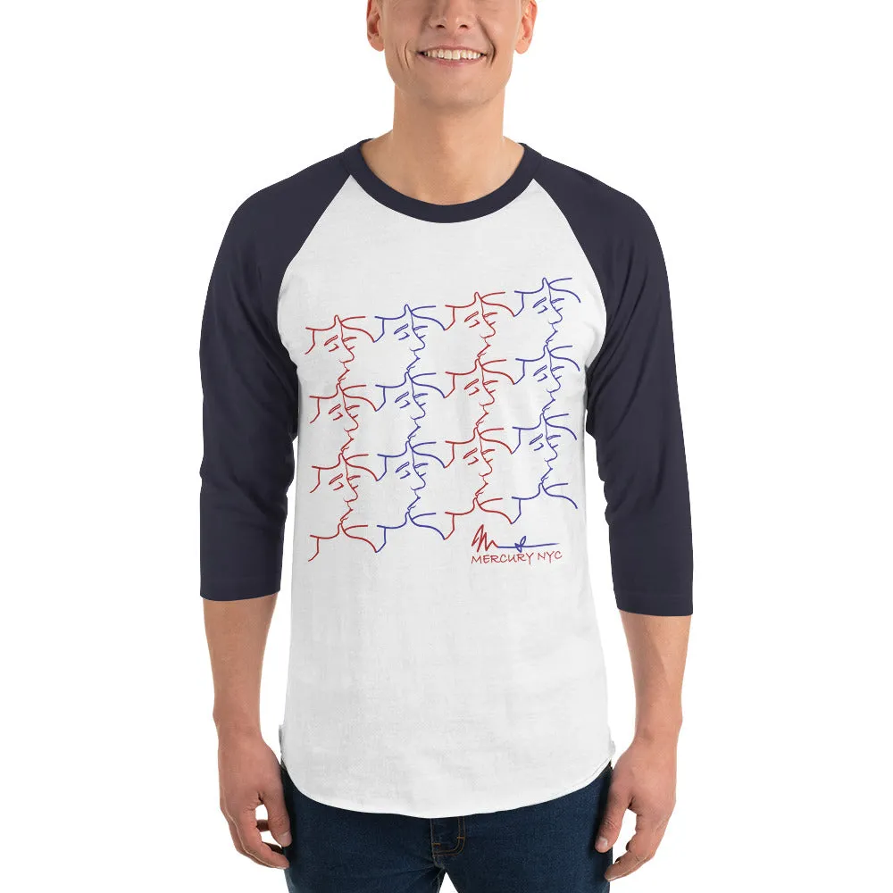 3/4 sleeve raglan shirt - kissing tile design - red and blue colors - unisex