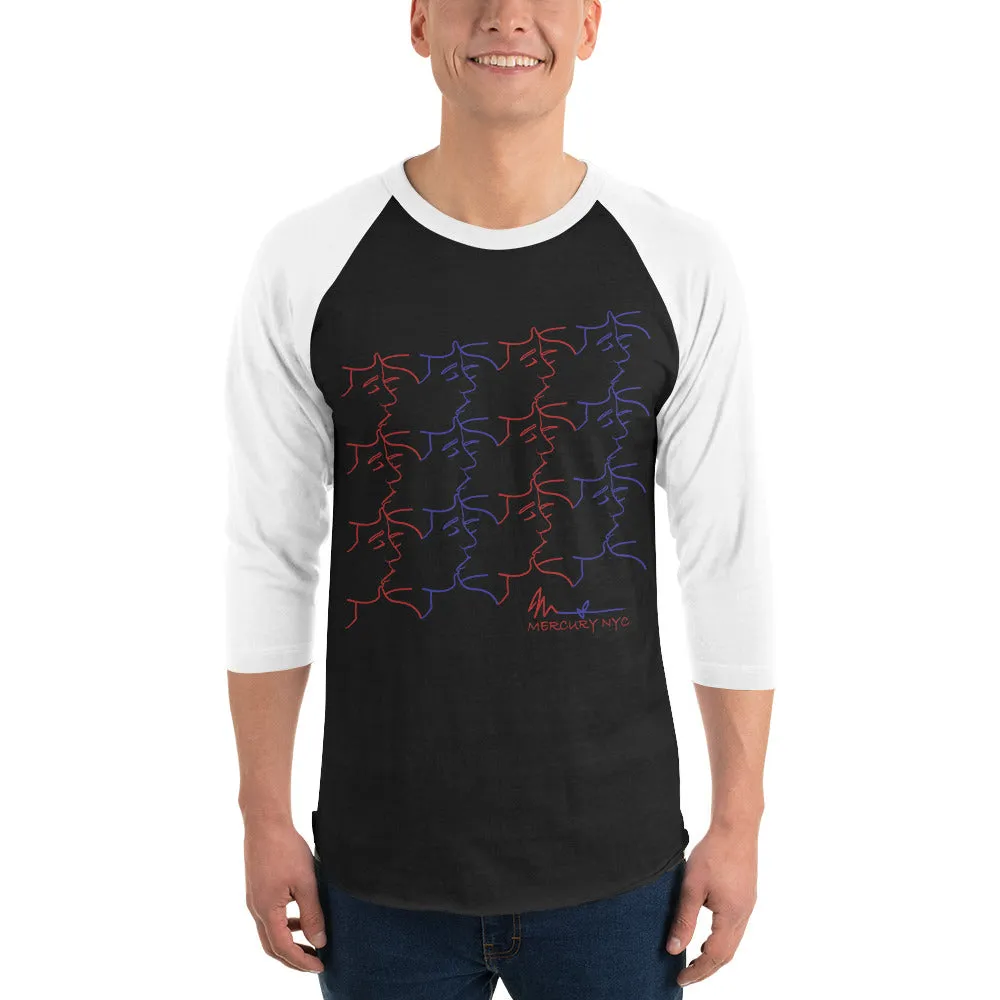 3/4 sleeve raglan shirt - kissing tile design - red and blue colors - unisex