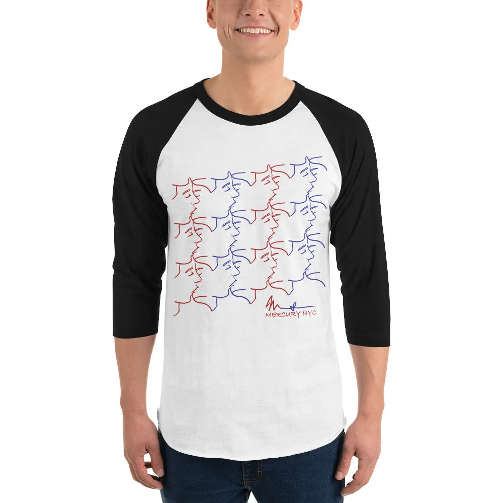 3/4 sleeve raglan shirt - kissing tile design - red and blue colors - unisex