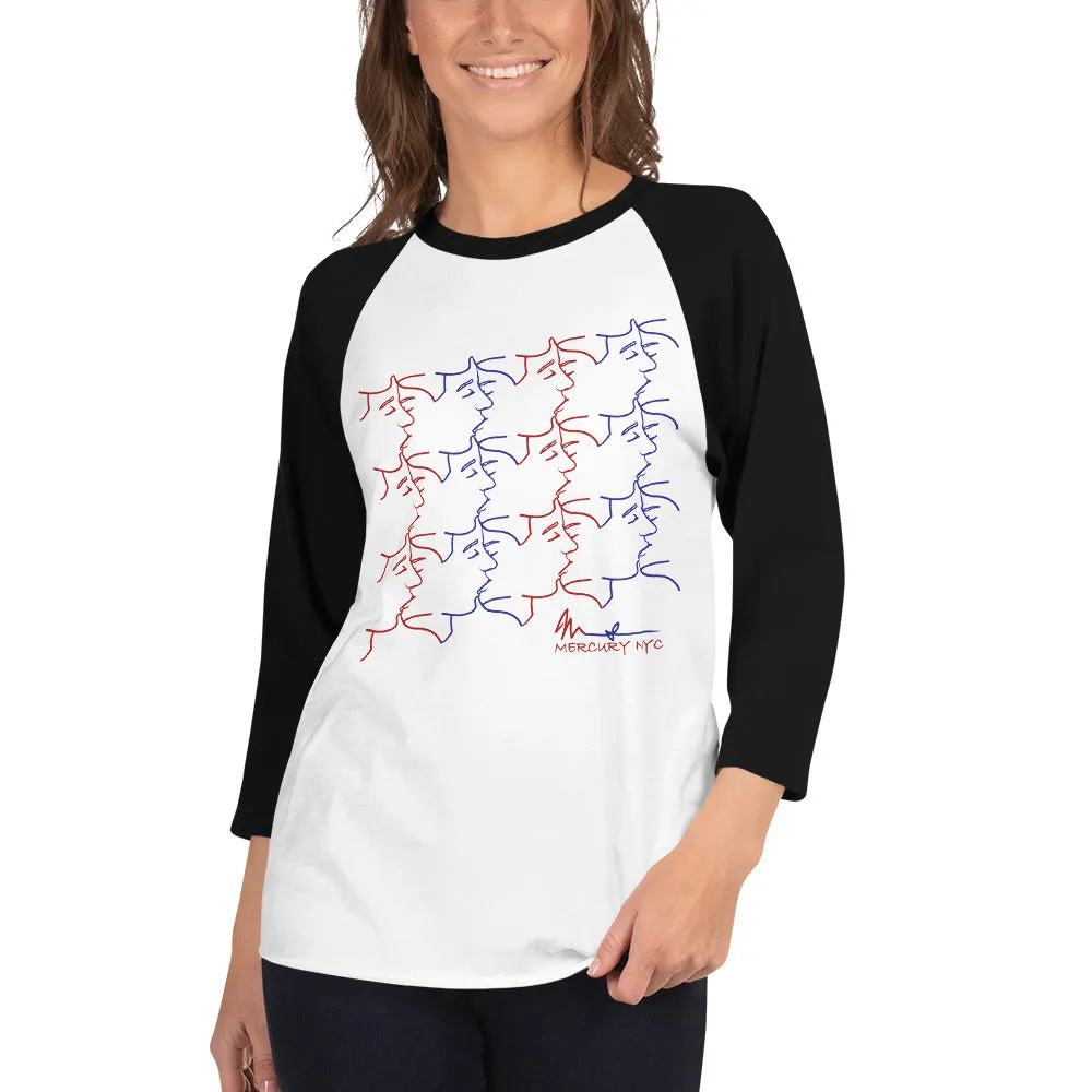 3/4 sleeve raglan shirt - kissing tile design - red and blue colors - unisex