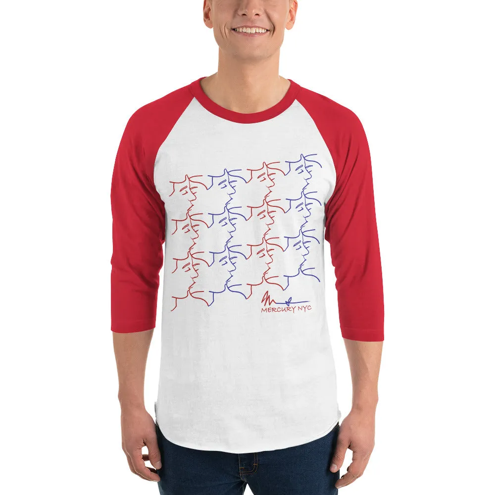 3/4 sleeve raglan shirt - kissing tile design - red and blue colors - unisex