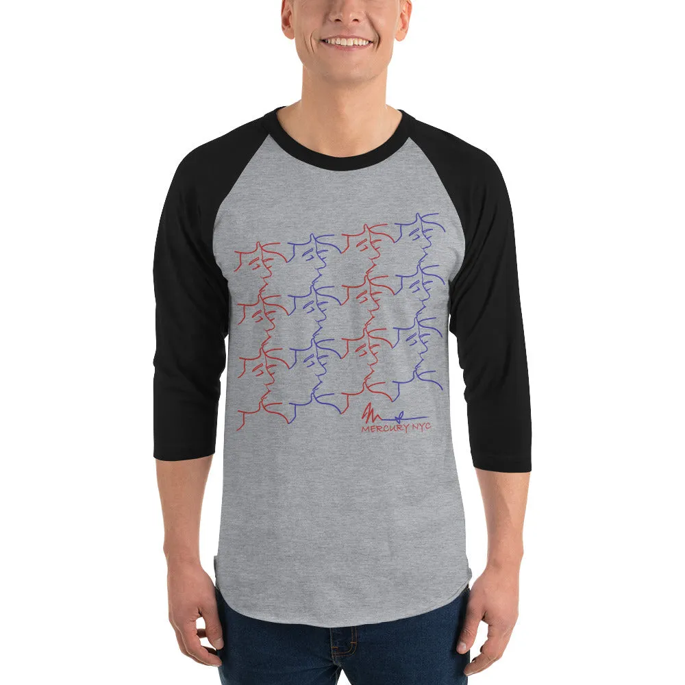 3/4 sleeve raglan shirt - kissing tile design - red and blue colors - unisex