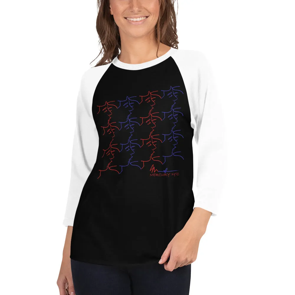 3/4 sleeve raglan shirt - kissing tile design - red and blue colors - unisex