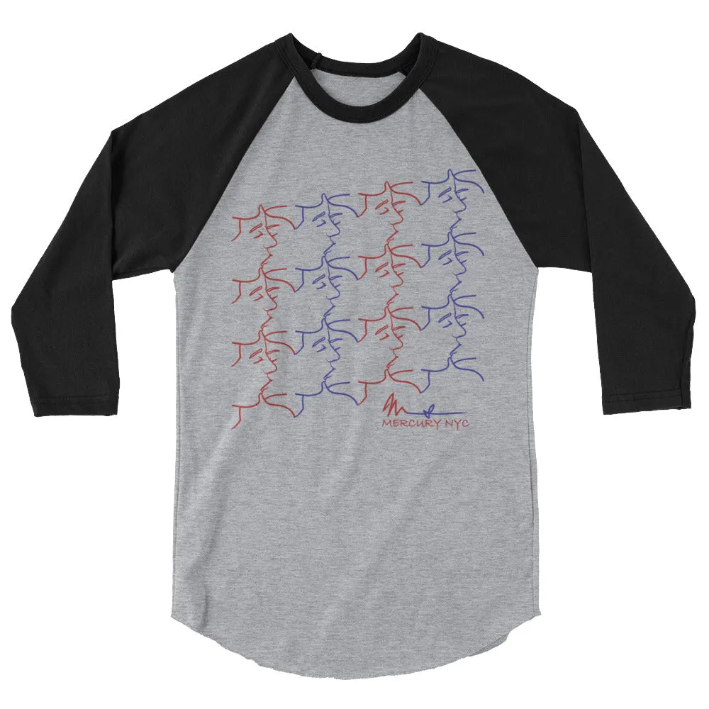 3/4 sleeve raglan shirt - kissing tile design - red and blue colors - unisex