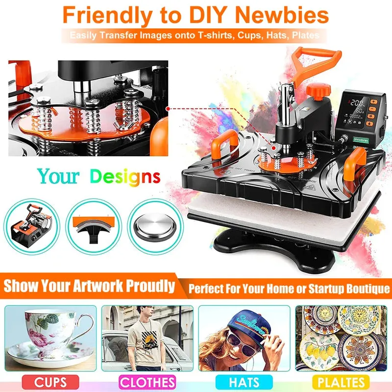 8 in 1 Heat Press Machine 12" X 15" Digital Multifunction Shirt Transfer Machine for DIY T-Shirt Hat Cap Mug Plate
