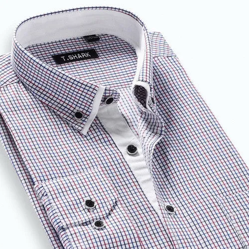 Autumn Men's Long-sleeved Plaid Striped Dress Shirts Double-collar Regular Fit Business Casual Button-down Shirt Work Wear