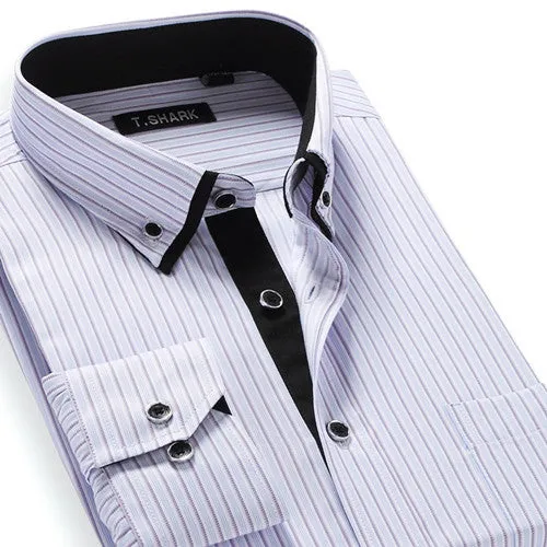 Autumn Men's Long-sleeved Plaid Striped Dress Shirts Double-collar Regular Fit Business Casual Button-down Shirt Work Wear