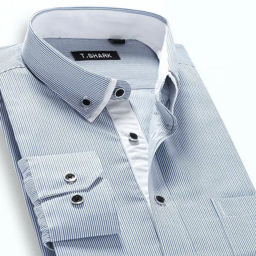 Autumn Men's Long-sleeved Plaid Striped Dress Shirts Double-collar Regular Fit Business Casual Button-down Shirt Work Wear