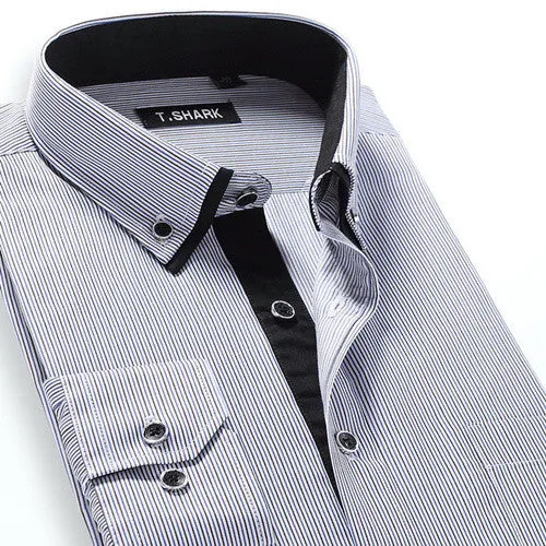 Autumn Men's Long-sleeved Plaid Striped Dress Shirts Double-collar Regular Fit Business Casual Button-down Shirt Work Wear