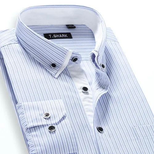 Autumn Men's Long-sleeved Plaid Striped Dress Shirts Double-collar Regular Fit Business Casual Button-down Shirt Work Wear