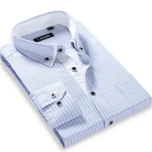Autumn Men's Long-sleeved Plaid Striped Dress Shirts Double-collar Regular Fit Business Casual Button-down Shirt Work Wear