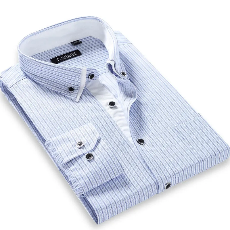 Autumn Men's Long-sleeved Plaid Striped Dress Shirts Double-collar Regular Fit Business Casual Button-down Shirt Work Wear