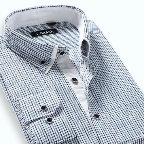 Autumn Men's Long-sleeved Plaid Striped Dress Shirts Double-collar Regular Fit Business Casual Button-down Shirt Work Wear
