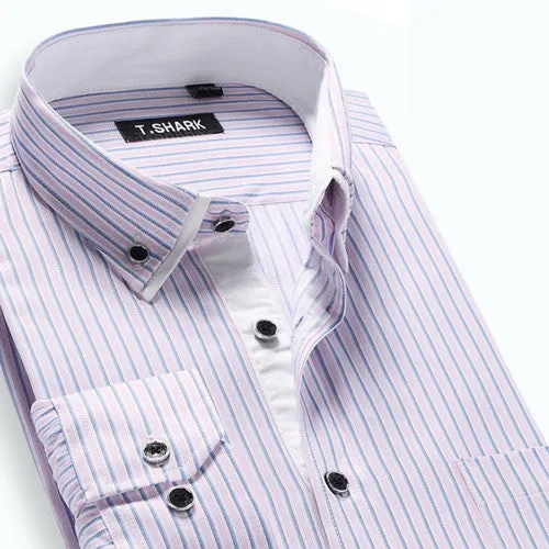 Autumn Men's Long-sleeved Plaid Striped Dress Shirts Double-collar Regular Fit Business Casual Button-down Shirt Work Wear