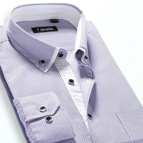 Autumn Men's Long-sleeved Plaid Striped Dress Shirts Double-collar Regular Fit Business Casual Button-down Shirt Work Wear