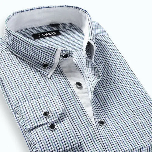 Autumn Men's Long-sleeved Plaid Striped Dress Shirts Double-collar Regular Fit Business Casual Button-down Shirt Work Wear