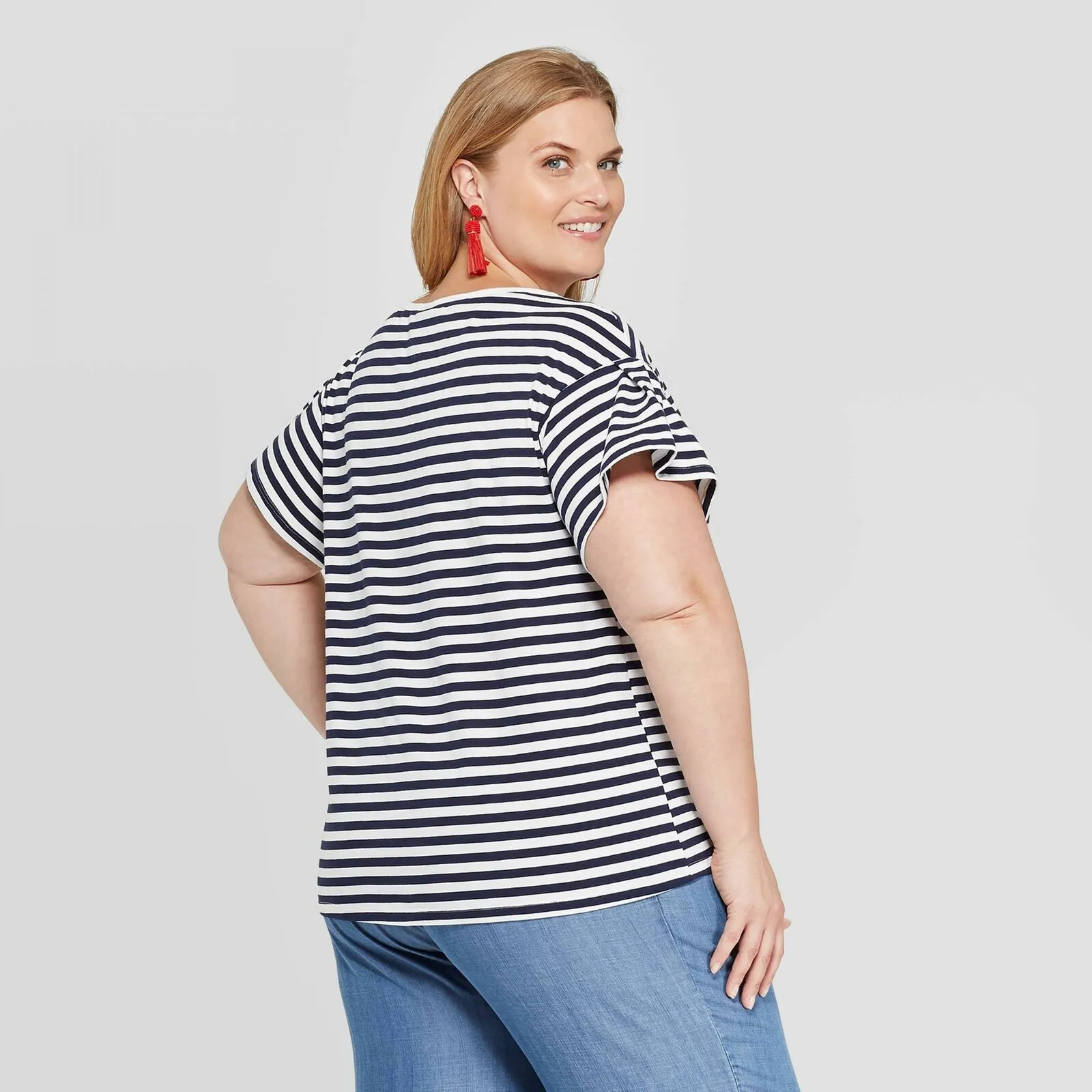 Ava & Viv Women's Plus Size Striped Pleated Sleeve Crewneck Relaxed T-Shirt