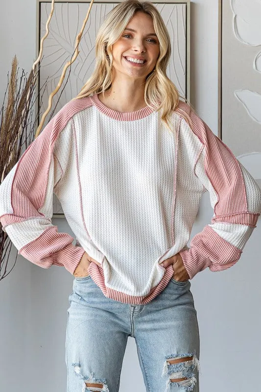 Blush color block fleece long sleeve * on sale
