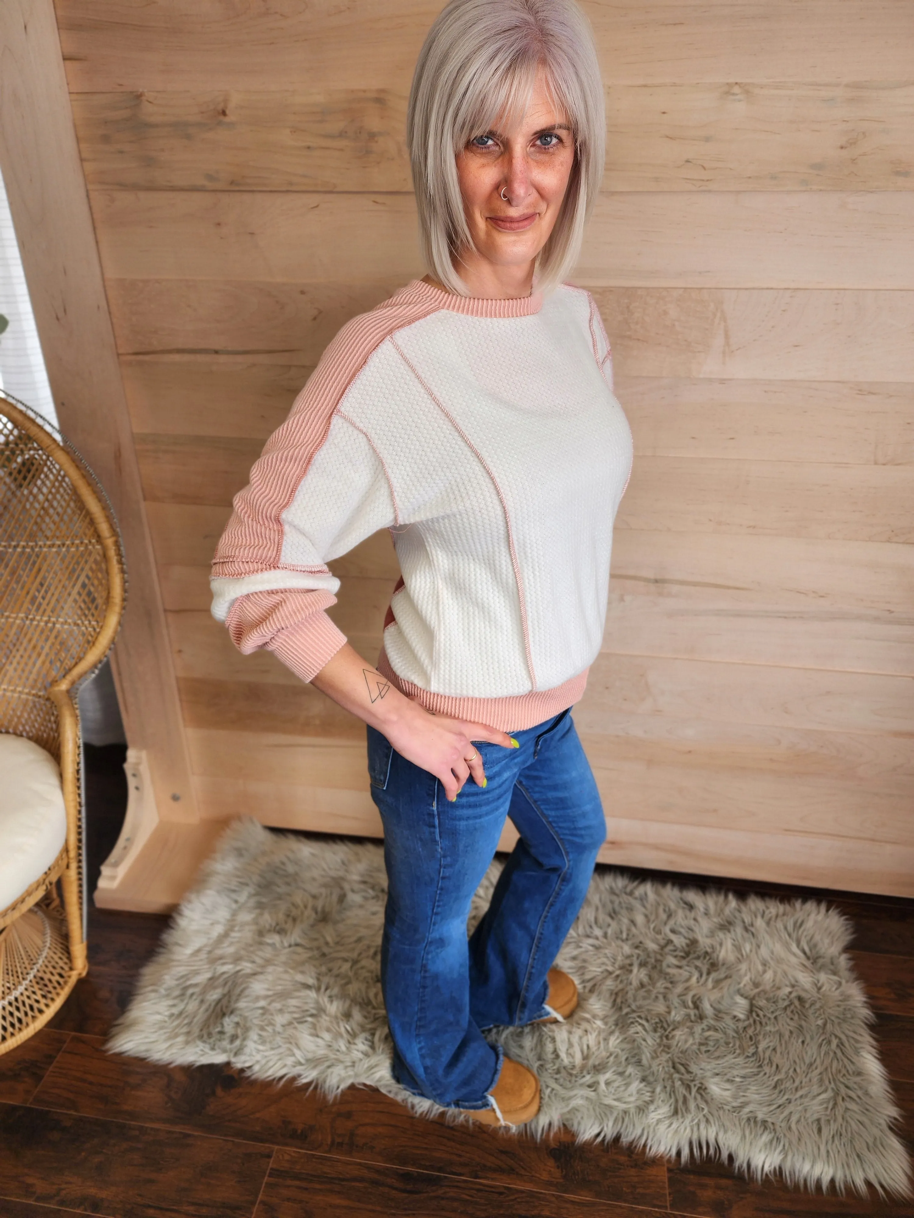 Blush color block fleece long sleeve * on sale