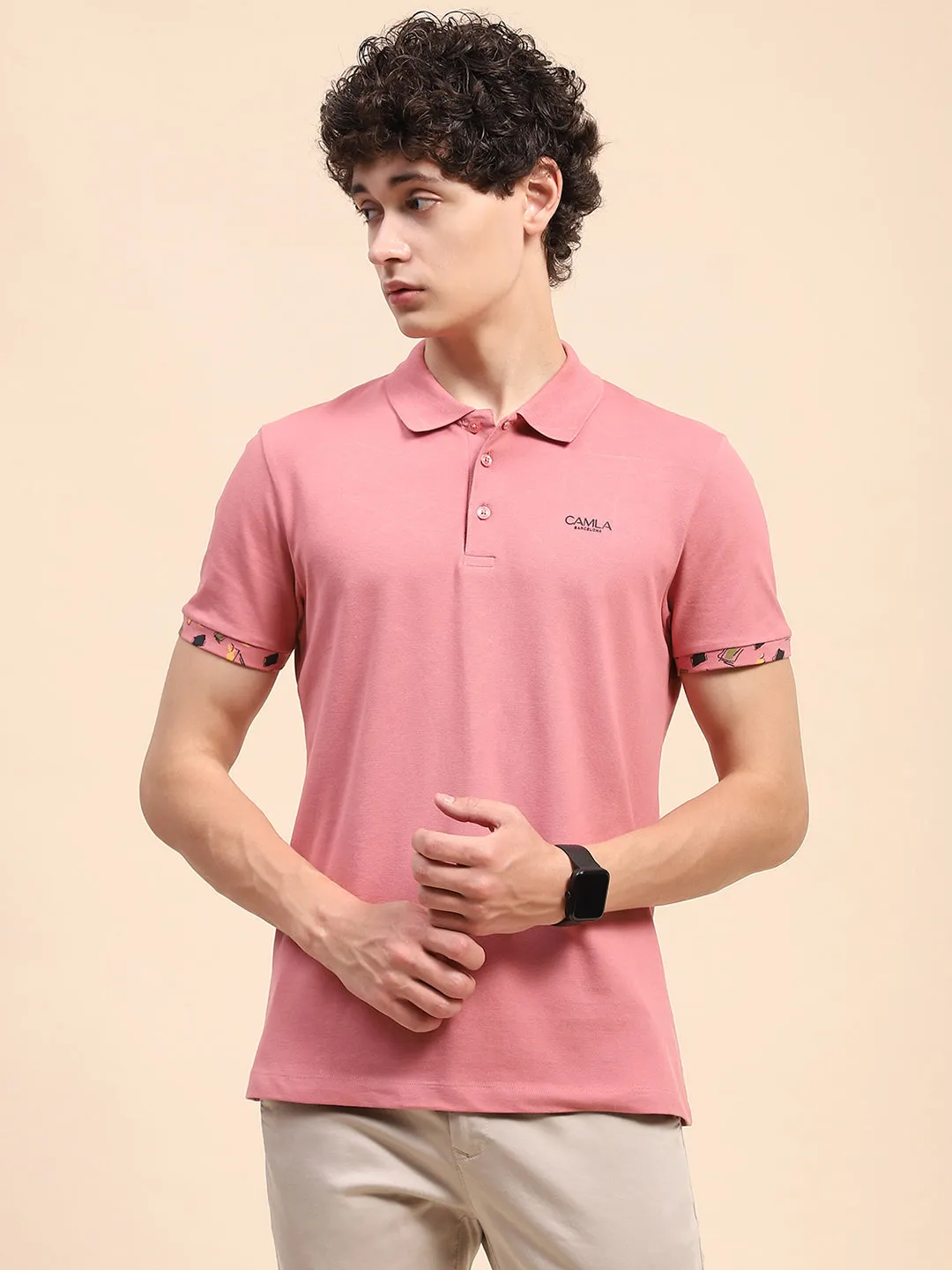 Camla Barcelona Solid Dusty Pink Polo Neck T-Shirt