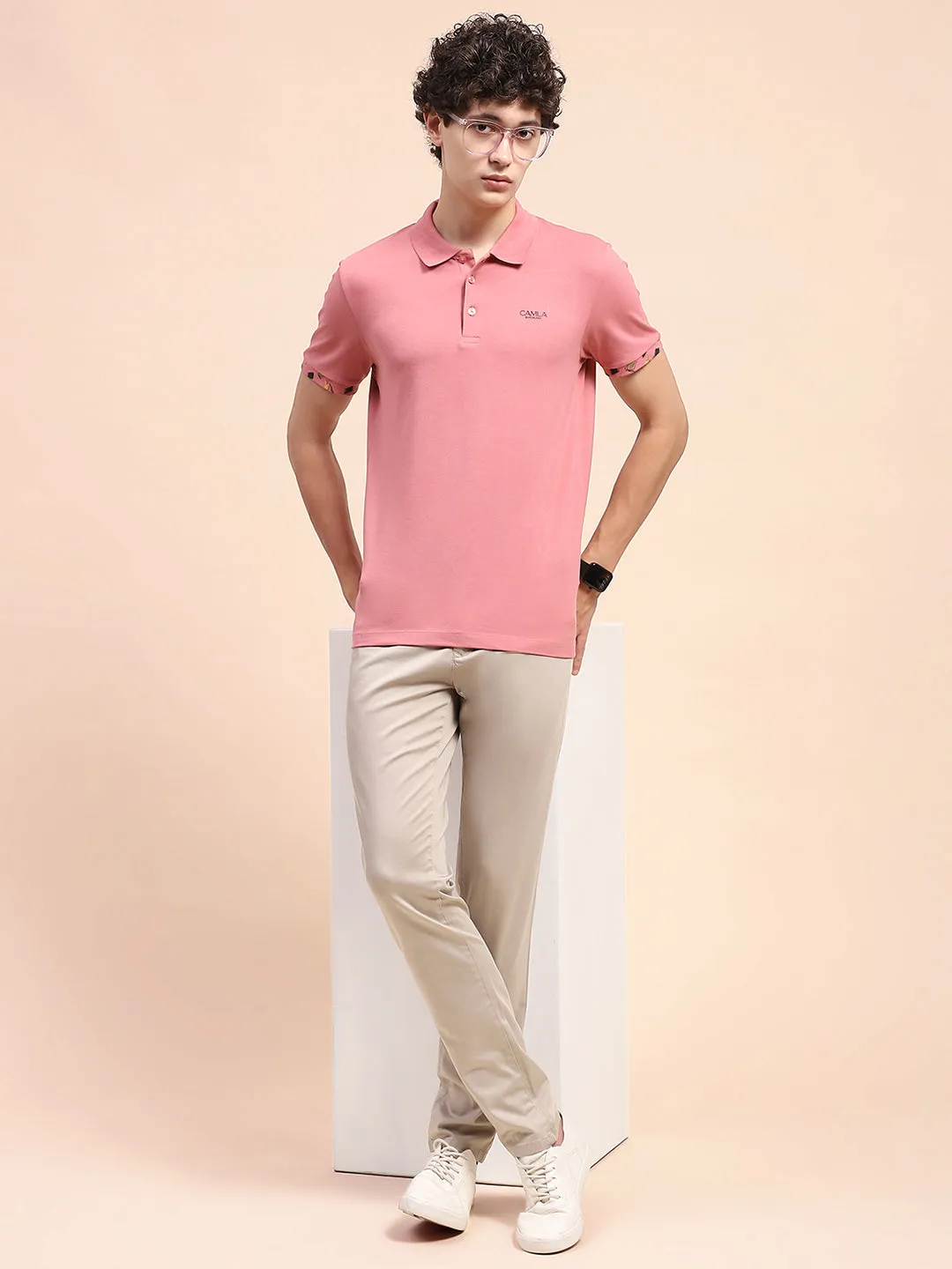 Camla Barcelona Solid Dusty Pink Polo Neck T-Shirt