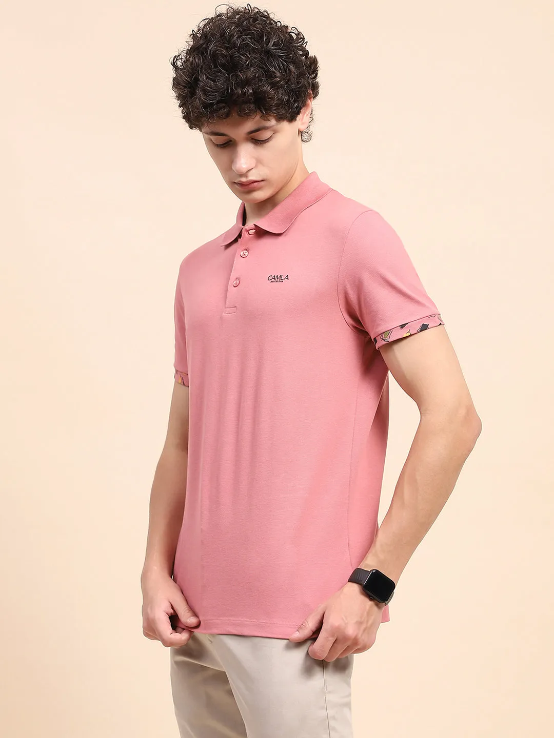 Camla Barcelona Solid Dusty Pink Polo Neck T-Shirt