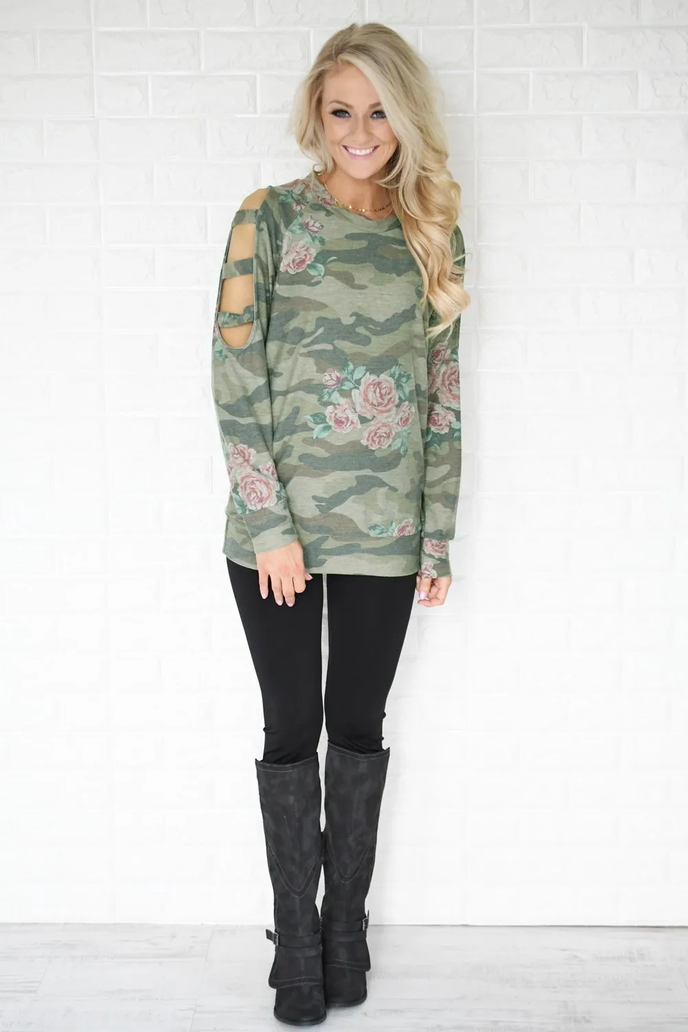 Camo & Floral Cold Shoulder Top