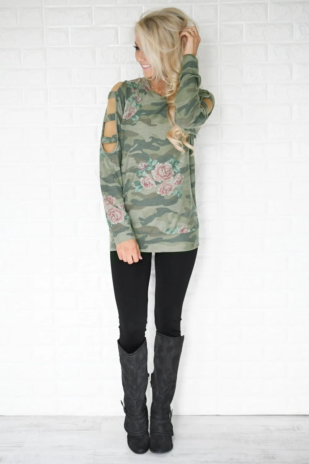 Camo & Floral Cold Shoulder Top