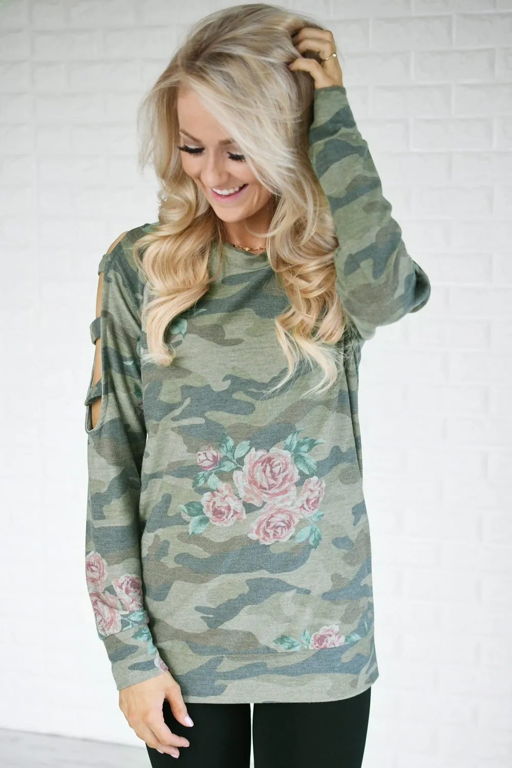 Camo & Floral Cold Shoulder Top