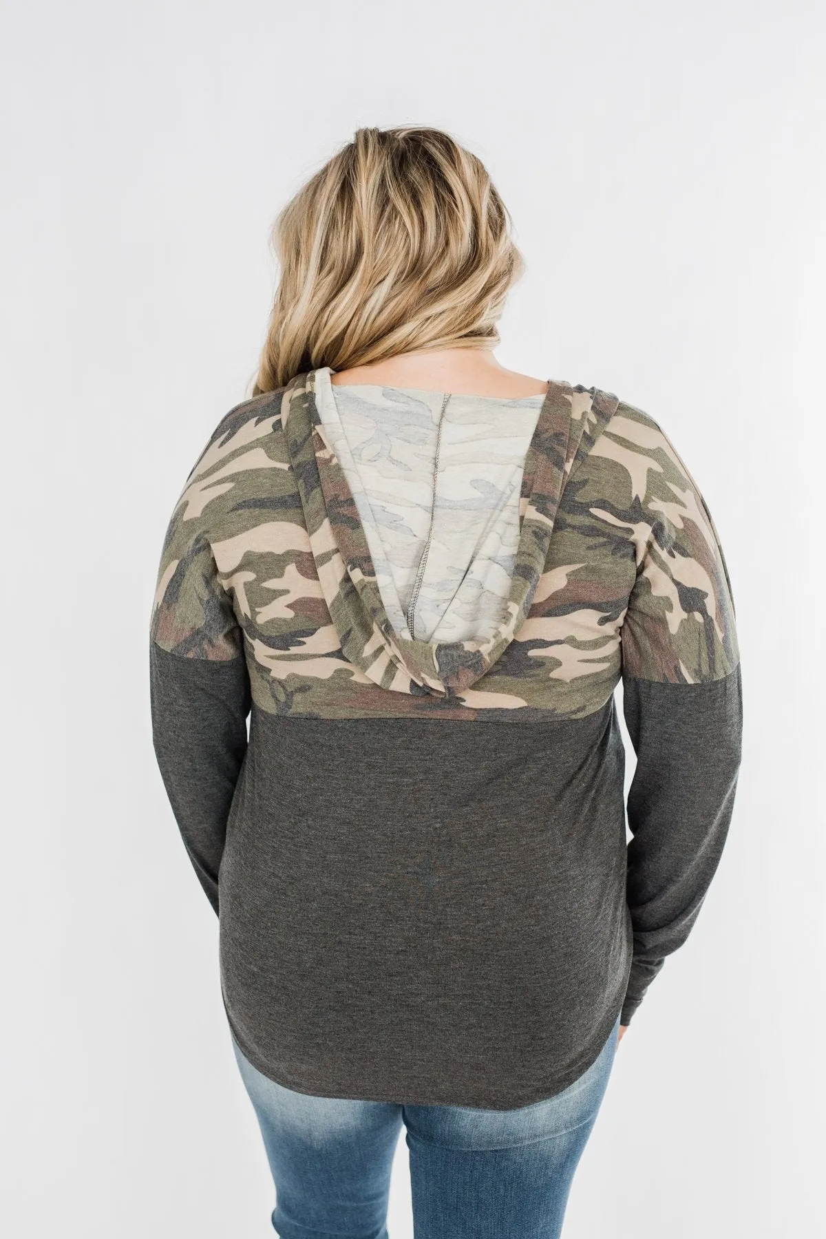 Camo Cutie Lace Up Hoodie- Charcoal & Ivory