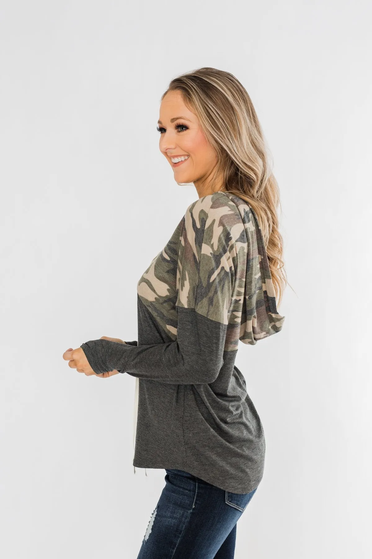 Camo Cutie Lace Up Hoodie- Charcoal & Ivory