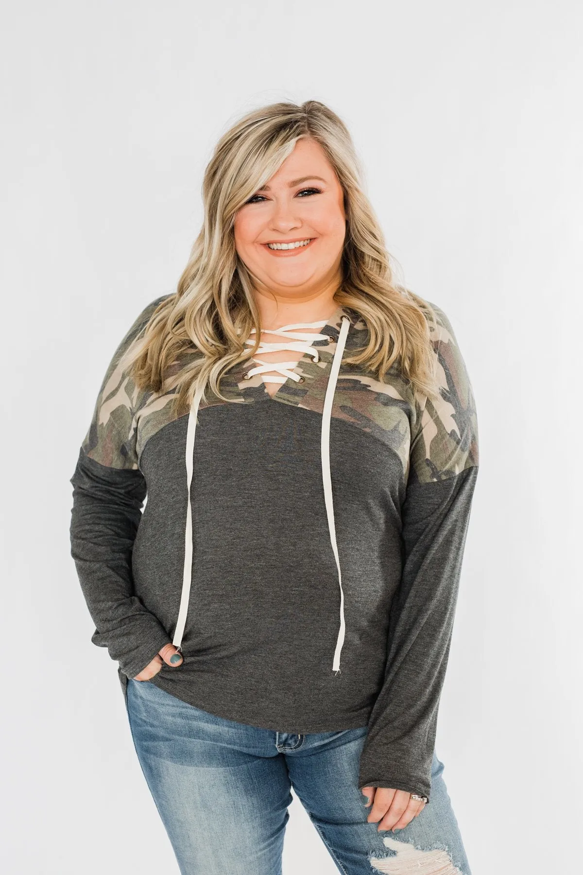 Camo Cutie Lace Up Hoodie- Charcoal & Ivory