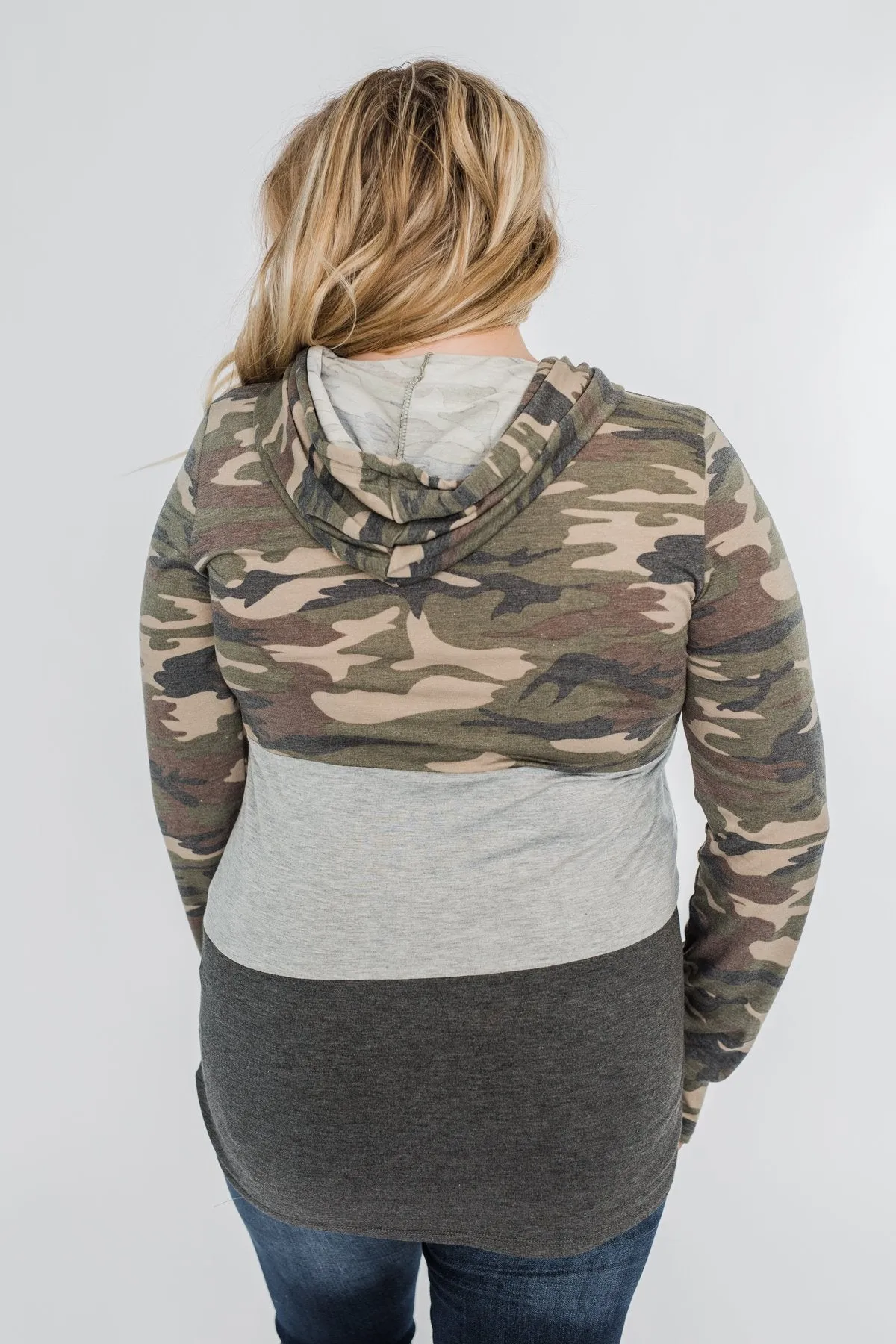 Cloaked In Camo Color Block Hoodie- Grey & Charcoal