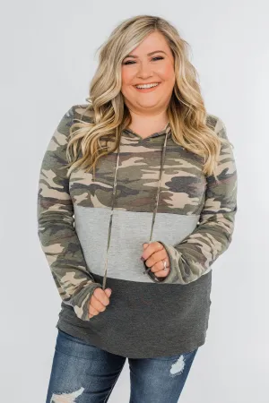 Cloaked In Camo Color Block Hoodie- Grey & Charcoal