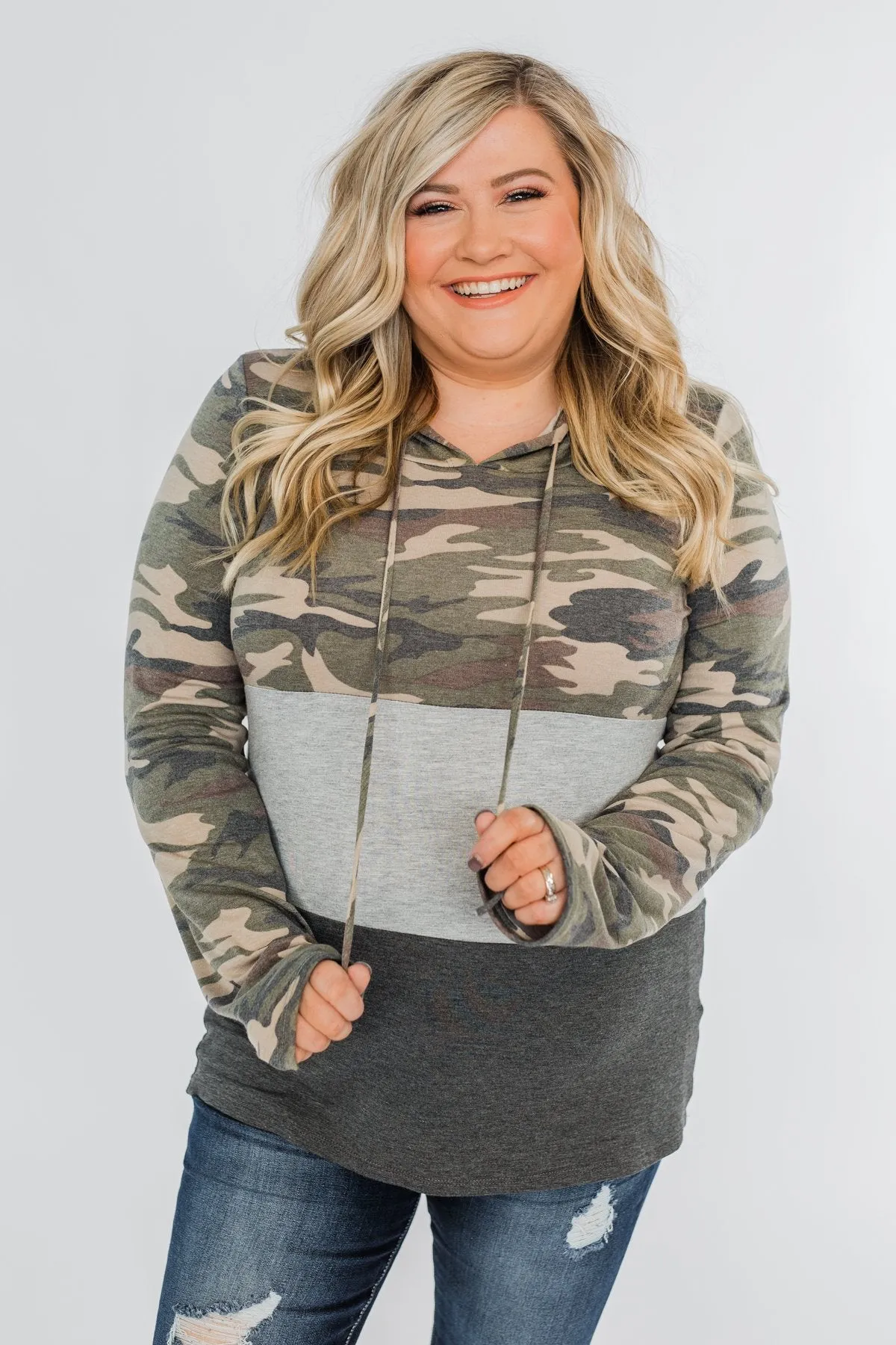 Cloaked In Camo Color Block Hoodie- Grey & Charcoal