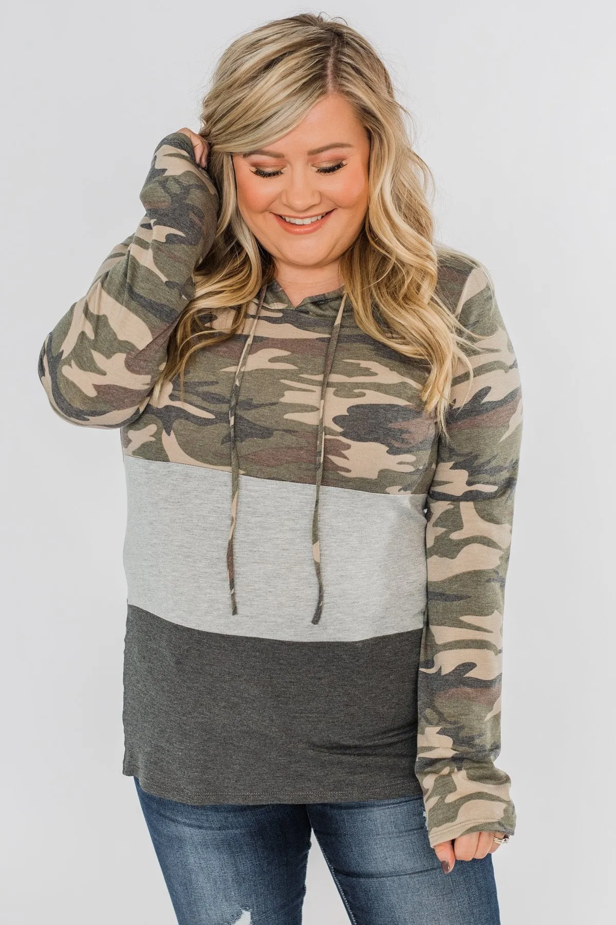 Cloaked In Camo Color Block Hoodie- Grey & Charcoal