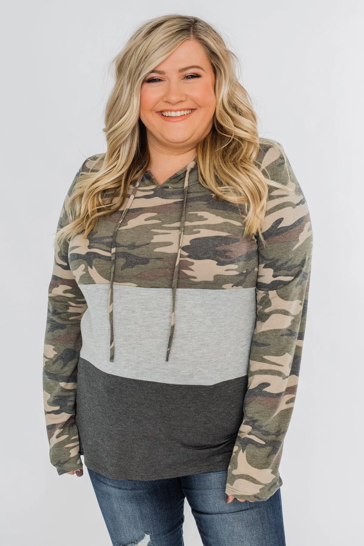Cloaked In Camo Color Block Hoodie- Grey & Charcoal