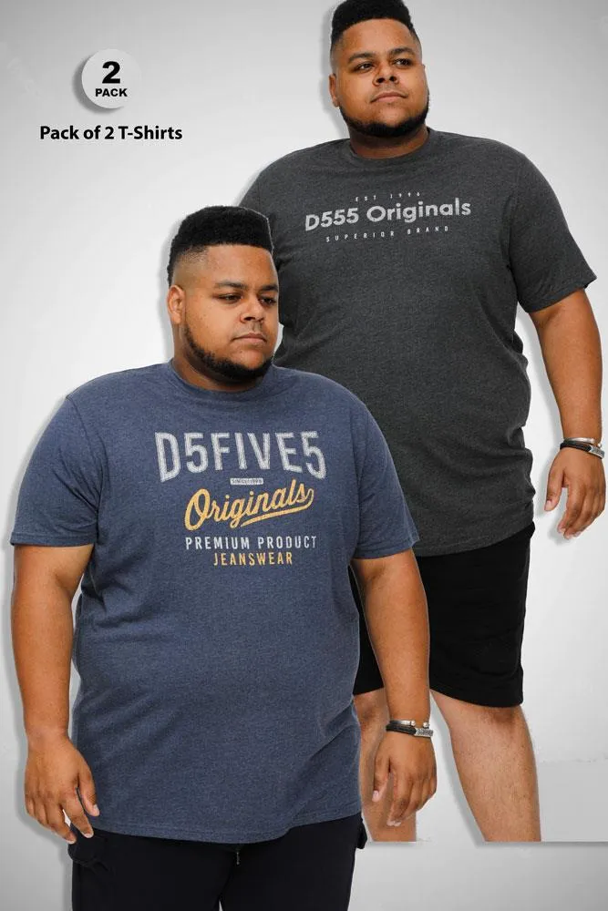 D555 ALFRED 2 Pack Printed Short Sleeve T-Shirt for Men's (601502) in Denim/Charcoal, 3XL-6XL
