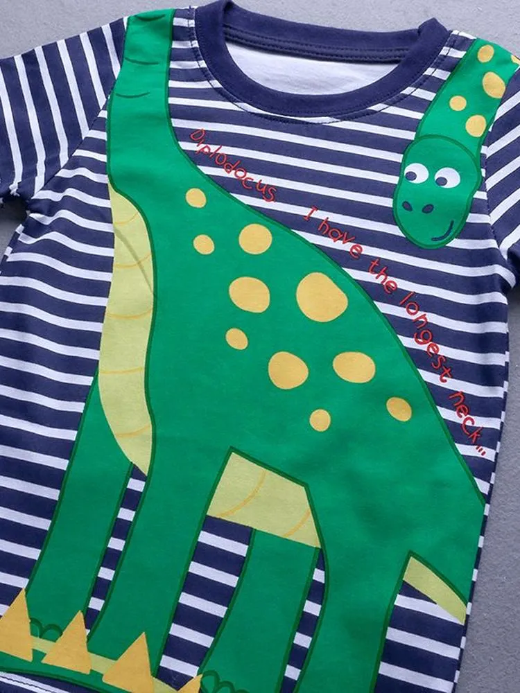 Diplodocus Dude Striped Boys T-Shirt - Navy and White
