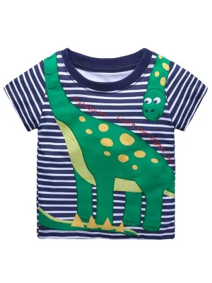 Diplodocus Dude Striped Boys T-Shirt - Navy and White