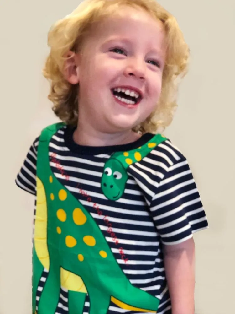 Diplodocus Dude Striped Boys T-Shirt - Navy and White