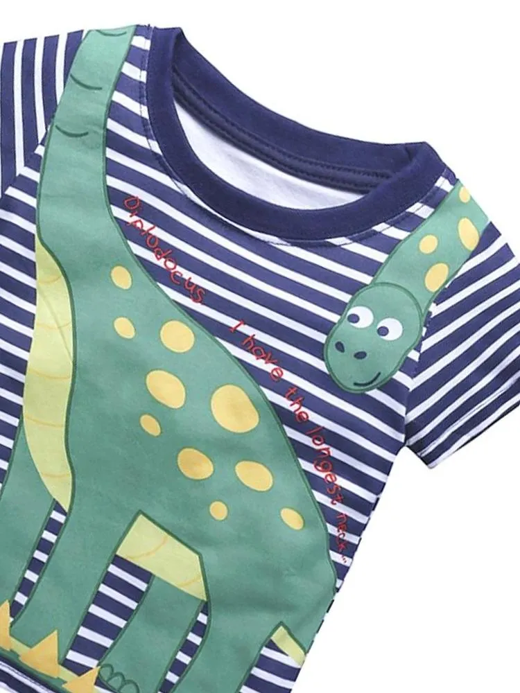 Diplodocus Dude Striped Boys T-Shirt - Navy and White