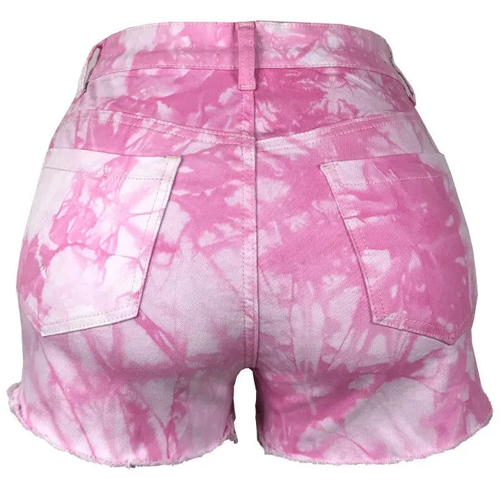 Double Button Shorts Women's Mid Waist Tie-dye Denim Shorts